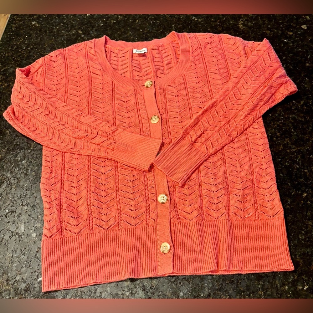 ⭐️LL Bean Frye Island Pointelle Cardigan Coquette Sweater in Coral - Size Med⭐️